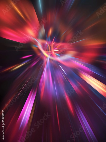 Fototapeta Abstract holiday background with blurred rays and sparkles. Fantastic red and purple light effect. Digital fractal art. 3d rendering.