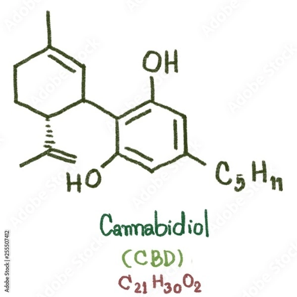 Fototapeta Cannabidiol (CBD) type: CBD was isolated in 1940,  Seven CBD-type cannabinoids with C1 to C5 side chains have been described, CBDA, CBDM, CBDVA, CBD-C4, CBDV and CBD-C1 were reported form cannabis.