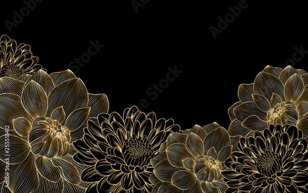 Fototapeta Stylish background with gold flowers dahlias and chrysanthemum hand- drawn.