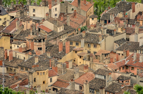 Fototapeta old Europe rooftops aerial view of Lyon