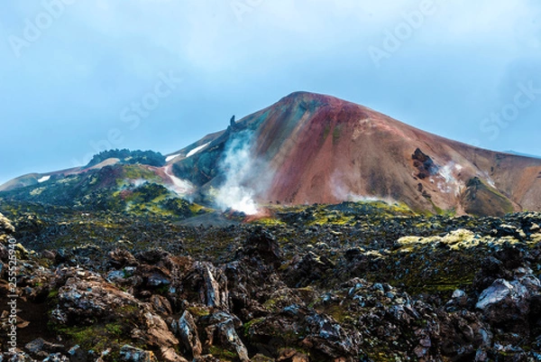 Fototapeta Brennisteinsalda Volcano mountain and its active fumaroles and solfataras in Landmannalaugar seen from the lava field at summer midnight. Iceland Highlands