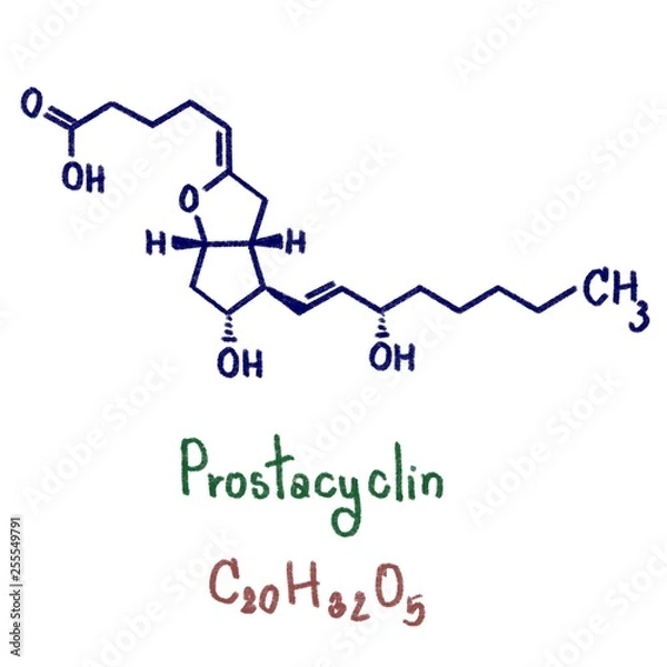 Fototapeta Prostacyclin is a prostaglandin member of the eicosanoid family of lipid molecules. It inhibits platelet activation and is also an effective vasodilator. Illustration 