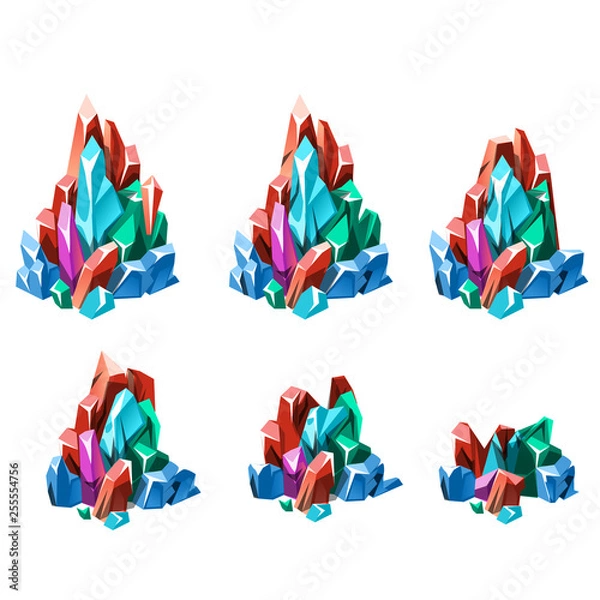 Obraz The stage of formation of multicolored crystalline minerals isolated on white background. Vector cartoon close-up illustration.