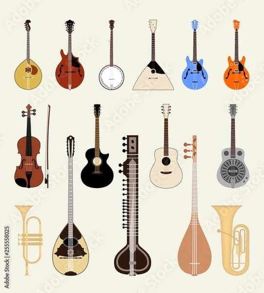 Fototapeta Vector set beautiful musical instruments. Isolated on light background