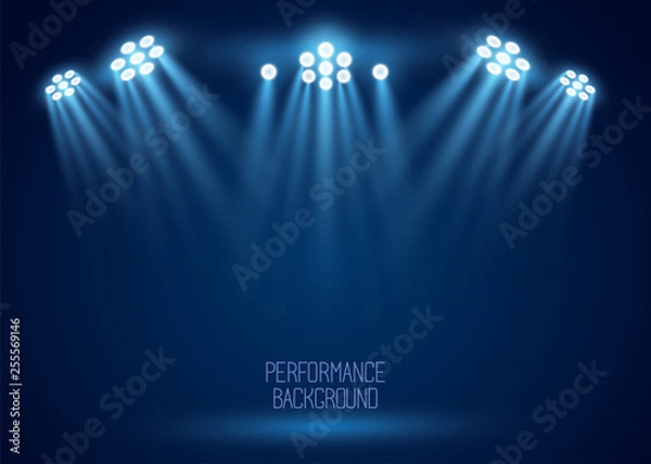 Fototapeta Floodlight, light projectors vector set before the evening show on the scene. Presentation, concert banner. Night entertainment event, premiere poster. Club illumination for party, sport performance.
