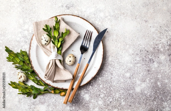 Fototapeta Easter table setting  on on gray background. Holiday decoration.Happy Easter concept. Copy space for Text.