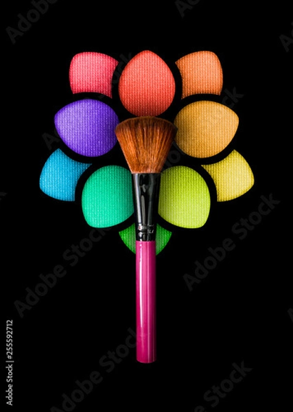 Fototapeta Professional make-up brush on a beautiful multicolored eyeshadow palette