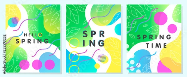 Fototapeta Set of unique spring cards with bright gradient backgrounds; tiny leaves; fluid shapes and geometric elements in memphis style.Abstract layouts perfect for prints; flyers; banners; invitations;covers.