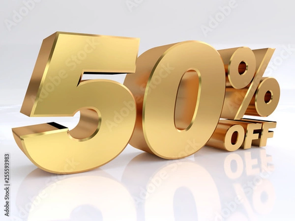 Fototapeta 50%, Discount Numbers 3d. Gold Sale Percentage Icon, 3d rendering isolated on white background.