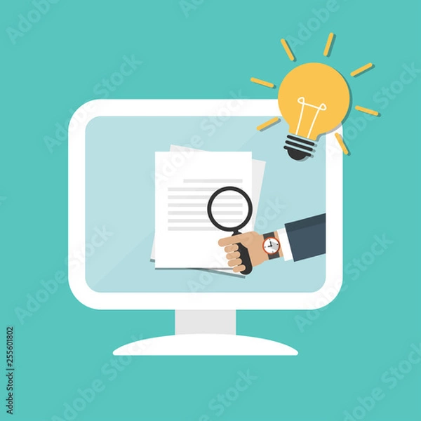Fototapeta Businessman hands holding magnifying glass over document on computer. Idea concept with light bulb icon