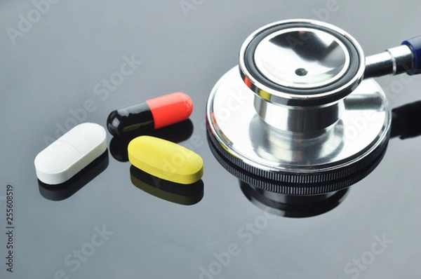 Fototapeta Stethoscope and Medication.