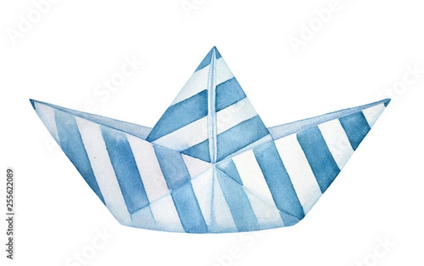Obraz Little decorative folded paper boat decorated with blue stripes pattern. Hand painted watercolour graphic drawing on white backdrop, cut out element for design, summer decoration, nursery room poster.