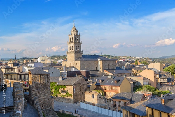 Fototapeta Ponferrada, Spain. Scenic view of the city and the Basilica of Encina from the fortress wall