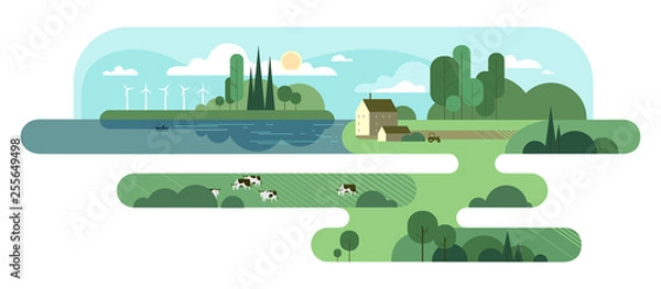 Fototapeta Summer rural background with cows and windmills. Vector illustration.