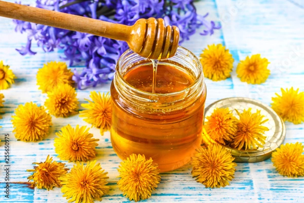 Obraz Honey from dandelions. Dandelion Honey in a Glass Jar.