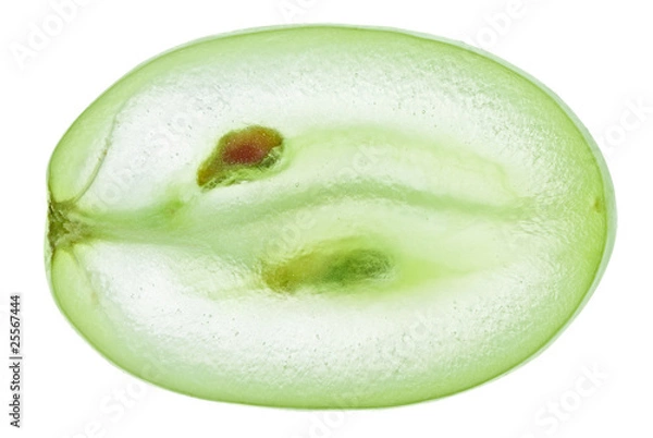 Fototapeta Translucent slice of green grape fruit, macro isolated on white