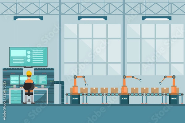 Fototapeta smart industrial factory in a flat style with workers, robots and assembly line packing.
