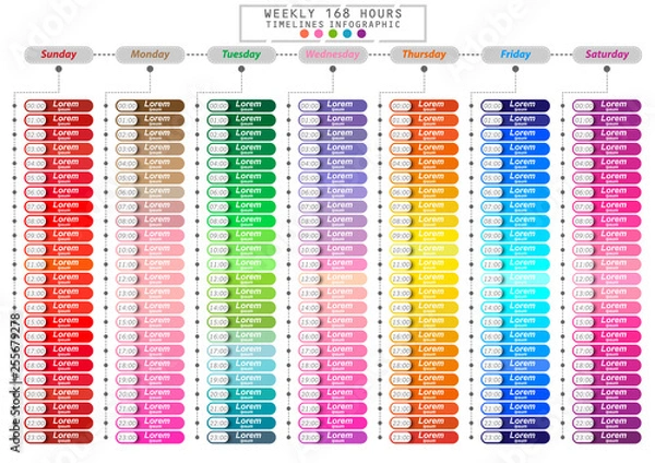 Obraz Modern business vertical hourly timeline process chart infographics template.  Abstract elements of graphic weekly and 168 hourly plan. Vector EPS10