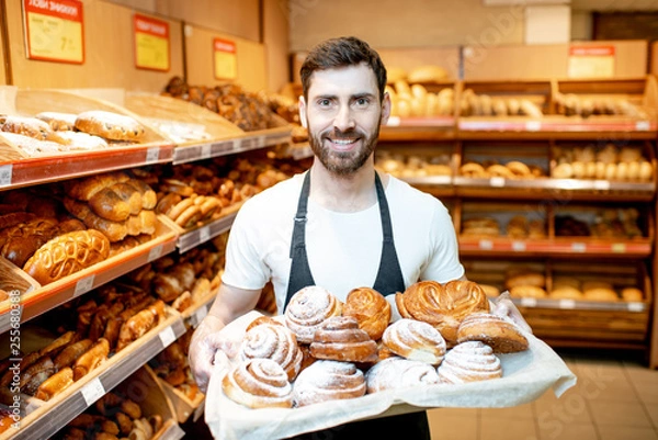 Fototapeta Portrait of a handsome baker in uniform standing with fresh pastries in the bakery deparment of the supermarket