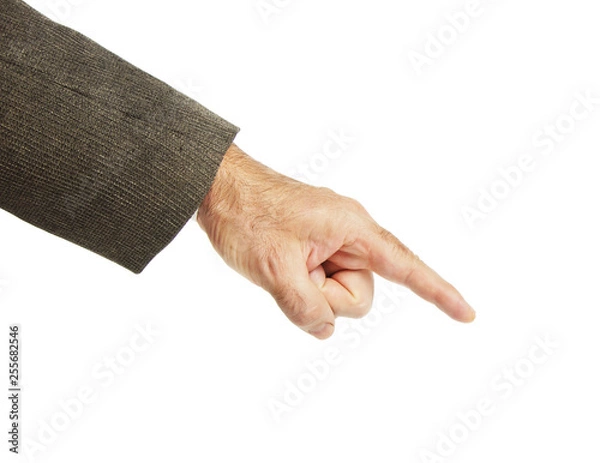 Obraz Male hand in a suit points with his finger downward. Isolated on white background