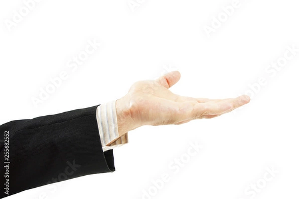 Fototapeta Man in a suit holds his hand with an open palm up isolated on white background