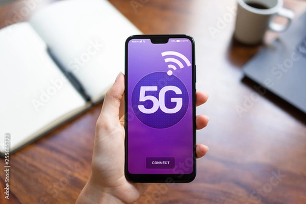 Fototapeta 5G New generation fast wireless internet connection.Communication technology concept.