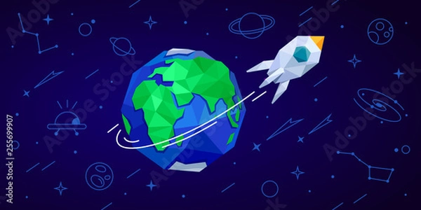 Obraz Blue banner with flight rocket space around the Earth. Horizontal vector illustration