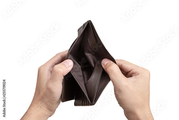 Obraz Hand open empty wallet, isolated white background with clipping path