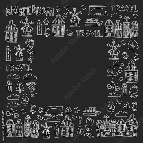 Fototapeta Vector pattern with Holland, Netherlands, Amsterdam icons. Doodle style.