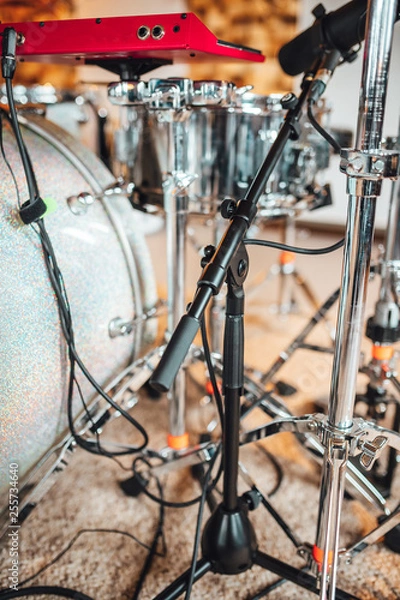 Fototapeta Drummer recording drum sounds, Sound recording studio.