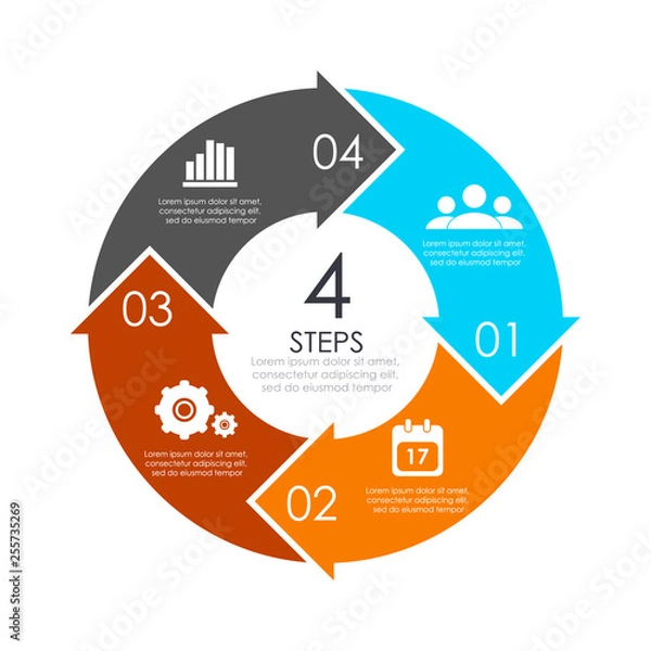 Obraz Vector circle chart infographic template with arrow for cycle diagram, graph, web design. Business concept with 4 steps or options. Abstract background.
