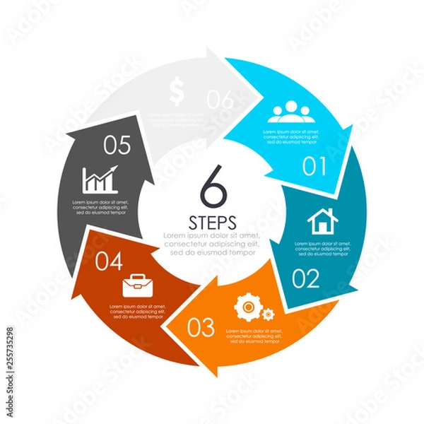 Fototapeta Vector circle chart infographic template with arrow for cycle diagram, graph, web design. Business concept with 6 steps or options. Abstract background.