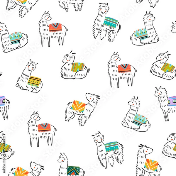 Fototapeta Graphic sketchy llamas in various poses with colorful carpets on back. Hand drawn trendy vector seamless pattern