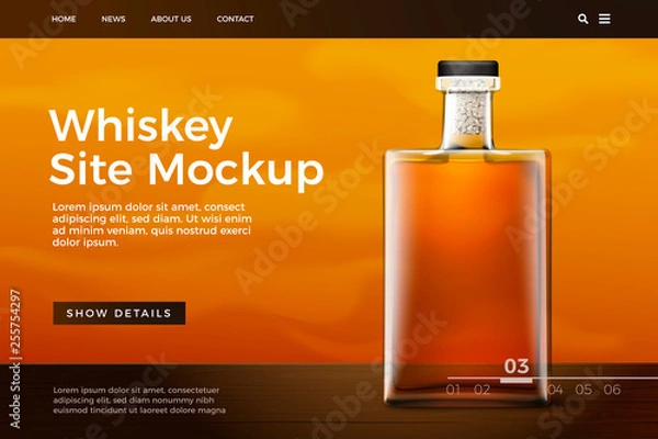 Fototapeta Vector realistic 3d glass whiskey bottle on bright modern site template with typographic background. Mock-up for product package branding.