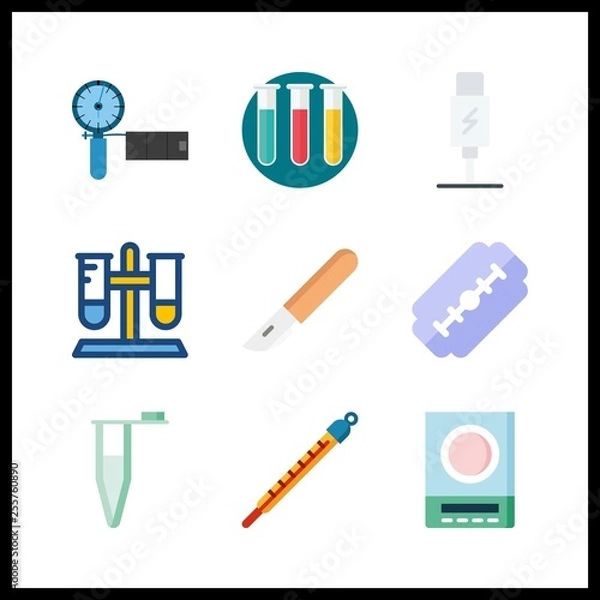 Fototapeta 9 tool icon. Vector illustration tool set. razor and test tubes icons for tool works