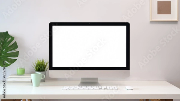 Obraz Comfortable workplace with blank screen computer.