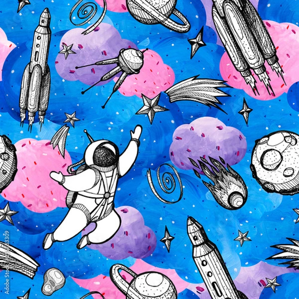 Fototapeta Graphic cosmos with spaceman in a gouache background. Hand-drawn clipart for art work and weddind design.