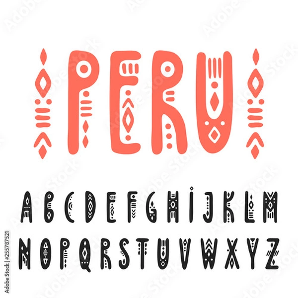 Fototapeta Vector uppercase narrow hand-drawn alphabet in Peruvian style