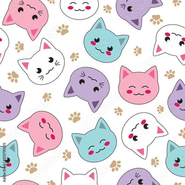 Fototapeta seamless kawaii pattern cute cat faces