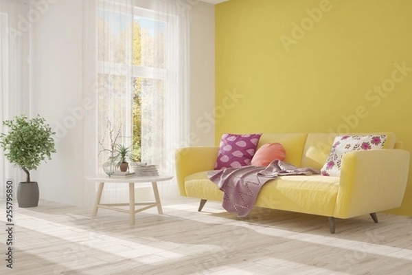 Fototapeta White stylish minimalist room with sofa and autumn landscape in window. Scandinavian interior design. 3D illustration