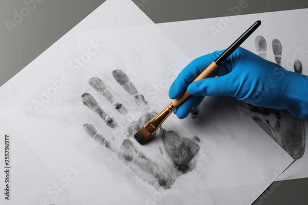 Fototapeta Detective taking fingerprints with brush from paper on grey background, top view.  Criminal investigation