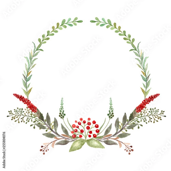 Obraz Greenery floral frame , leaf wreath, watercolor wreath, Template for invitations, greeting cards, prints.
