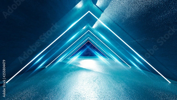 Fototapeta Background of an empty corridor with concrete walls and floor, neon triangle in the center, neon light, smoke