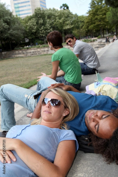 Fototapeta Students resting in  park during summer