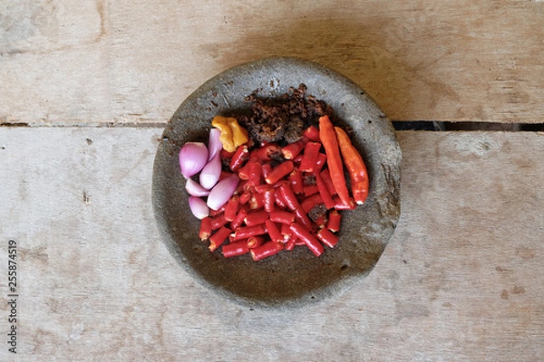 Fototapeta ingridients of sambal terasi or chilli shrimp paste