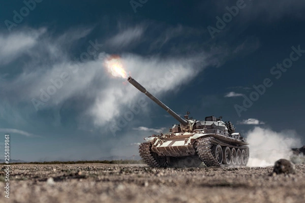 Obraz Military or army battle tank firing in the desert war ground. Fire bursting from the gun barrel