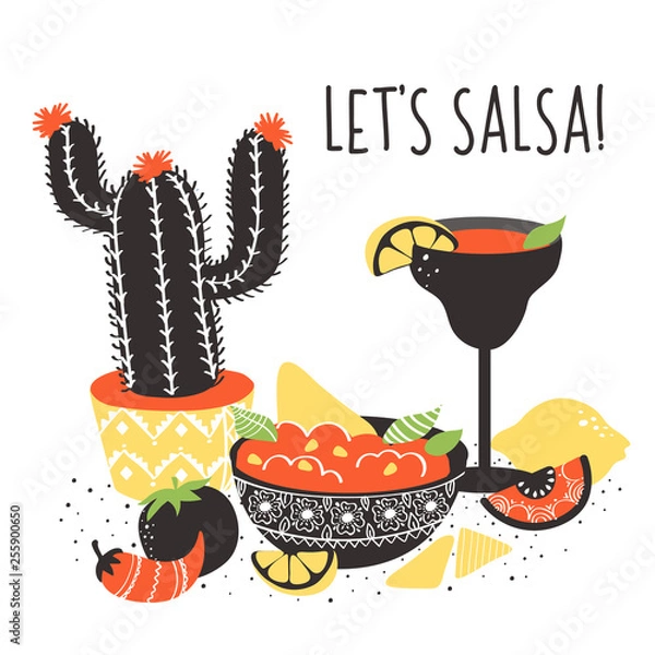 Fototapeta Set of colorful hand drawn Mexican food elements: salsa, margarita, lemon, cactus, tomato. Hand drawn food for restaurant menu, banner, flyer, print design and place for your text.