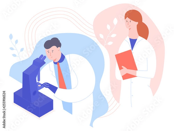 Obraz Young man scientist or physician looks through a microscope in a laboratory. Female doctor or nurse supervises the work. Diagnostic tests, analyzes, teamwork. Vector illustration.