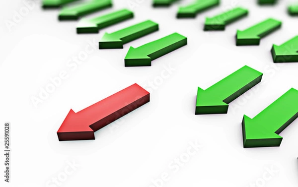 Fototapeta Viele grüne Pfeile mit einem rotem Pfeil, Konzept Innovation