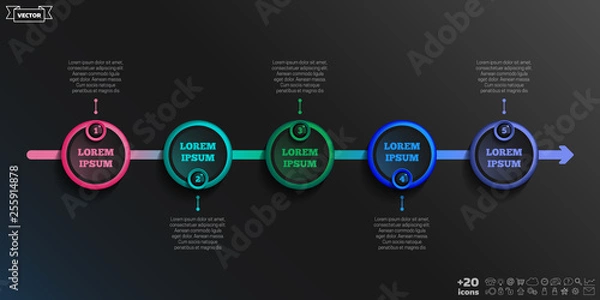 Fototapeta Timeline infographics design with colorful circles. Business concept. 5 options, parts, steps. Can be used for graph, diagram, chart, workflow layout, number options, web. Vector illustration.